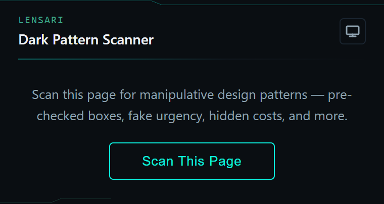Dark Pattern Scanner popup ready to scan, with the Scan This Page button.