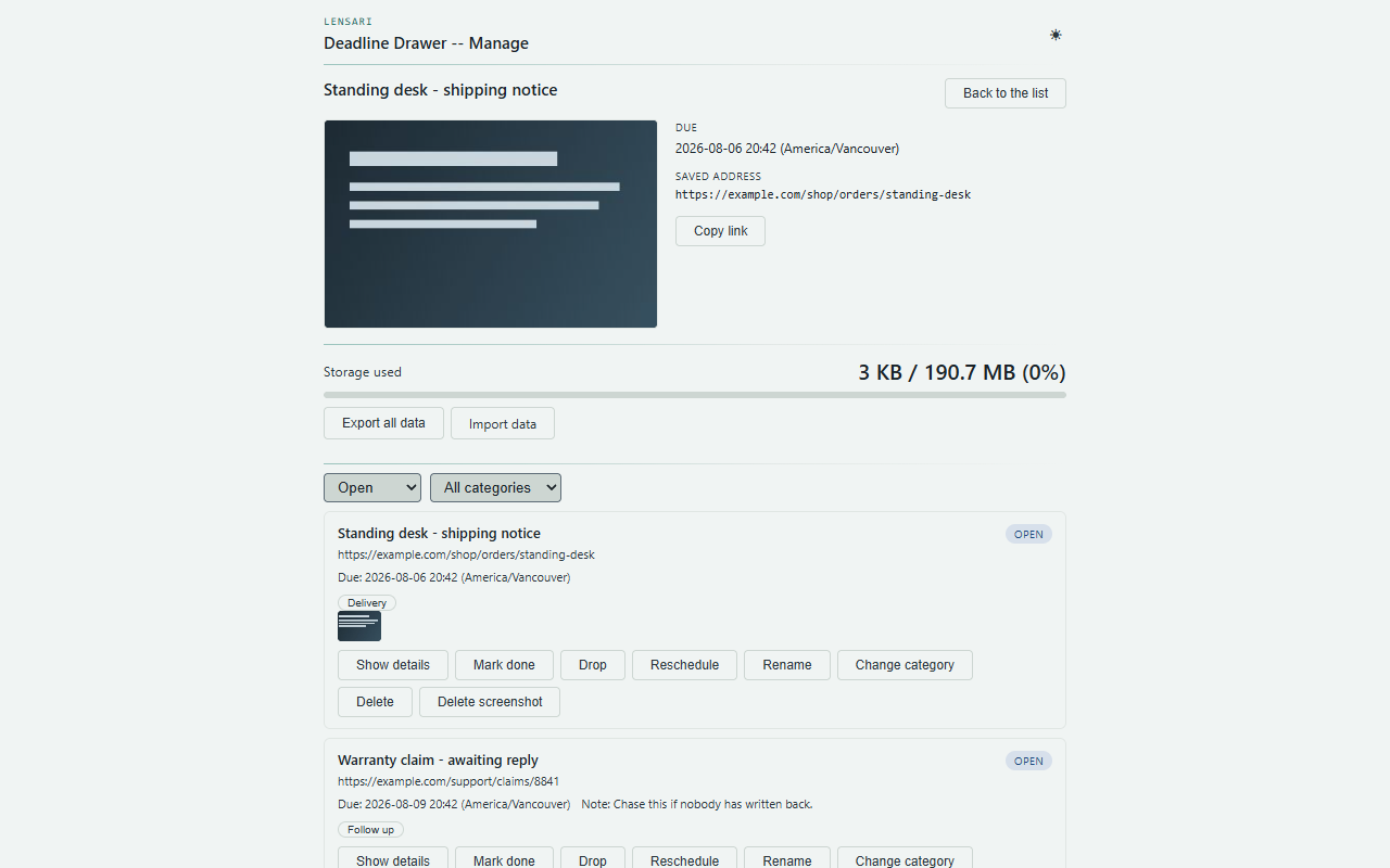 A Deadline Drawer record open, showing its title, due date, note, screenshot, and the saved address as selectable text.
