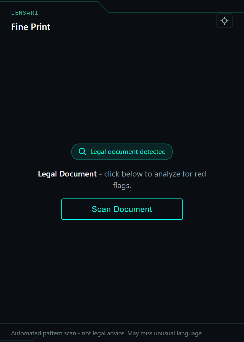 The Fine Print popup with a legal document detected: a detection badge, a Scan Document button, and the footer note that this is an automated pattern scan, not legal advice.