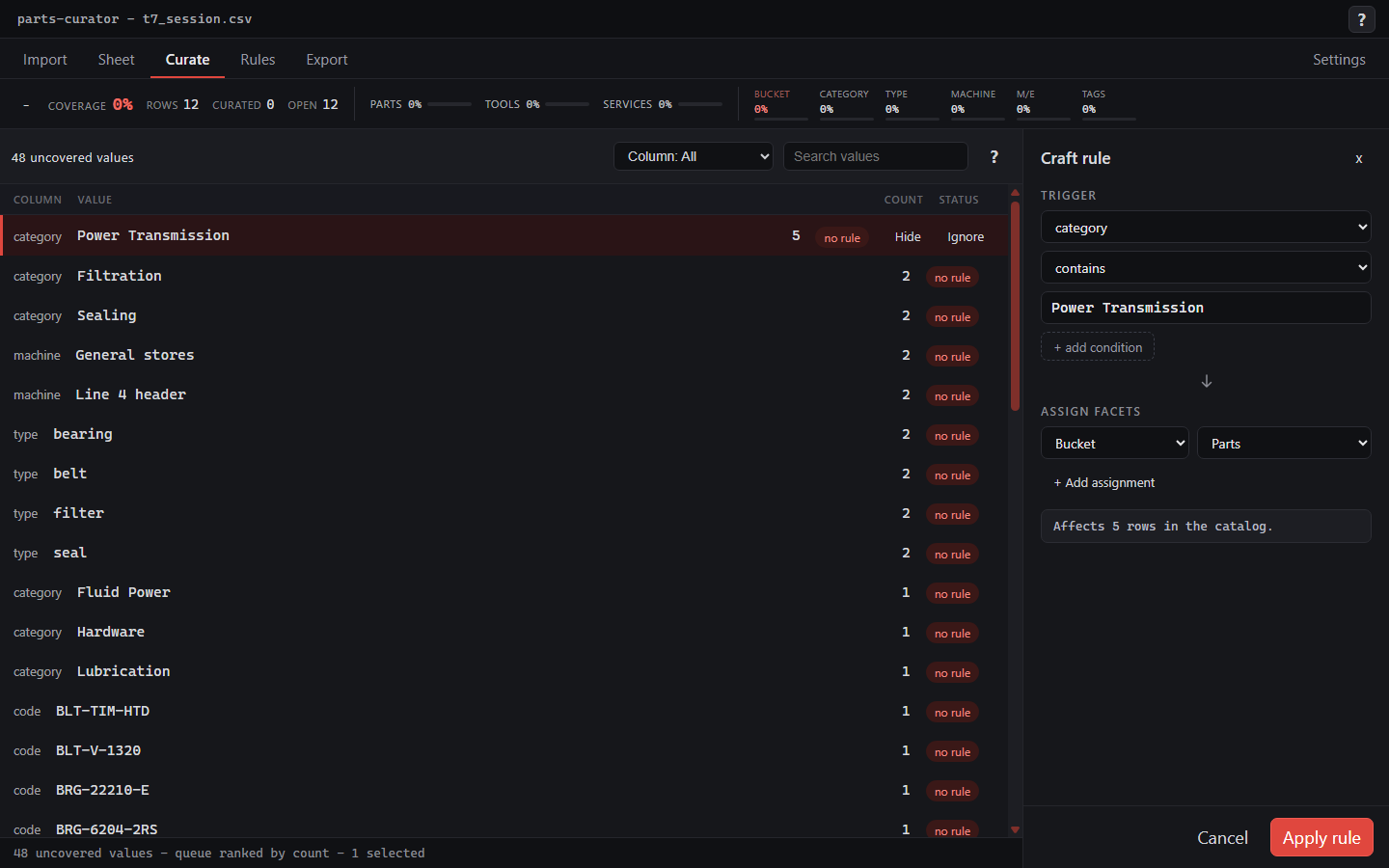 The Parts Curator curate screen: a queue of uncovered values on the left, and a rule being crafted on the right - trigger, assigned facets, and the note Affects 5 rows in the catalog.