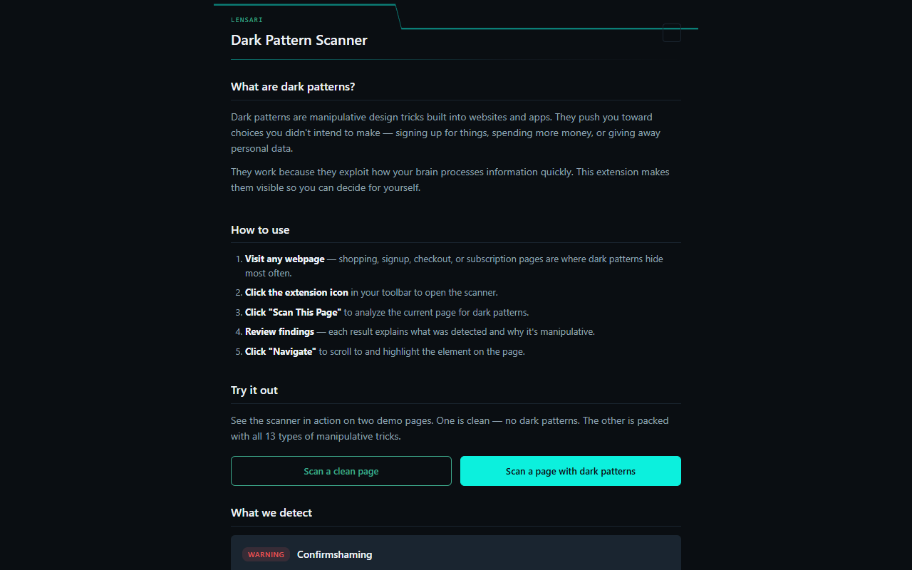 Dark Pattern Scanner onboarding page explaining what dark patterns are, how to use the scanner, and the categories it detects.