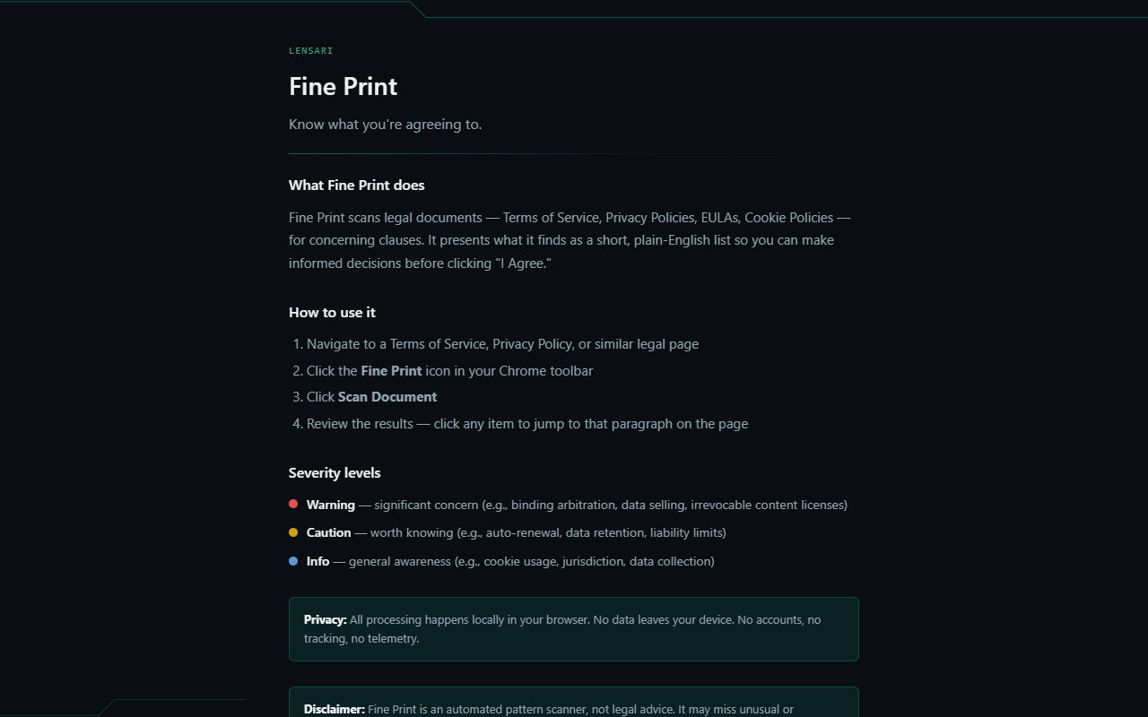 Fine Print onboarding page explaining the scan flow and the warning, caution, and info severity levels.